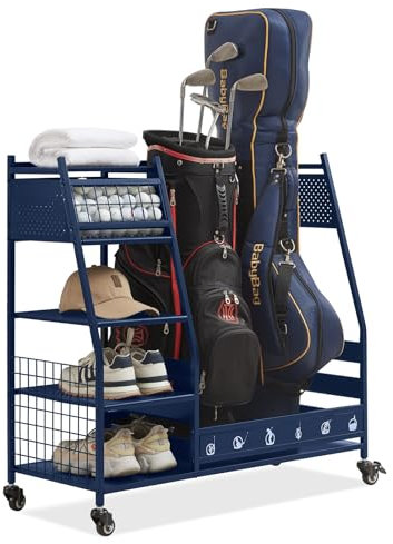Lauren&Harold Golf Bag Organizer Garage Storage, Golf Storage Rack Stand Fits 2 Golf Bags, Golf Clubs and Other Golfing Equipment Accessories, Golf Organizer for Garage, Club, Shed, Basement, Blue
