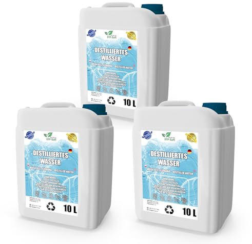 Eau distillée 100% pure 30L | Eau déminéralisée 3x10L - eau distillée adaptée pour fer à repasser, humidificateur, batteries et bien plus encore