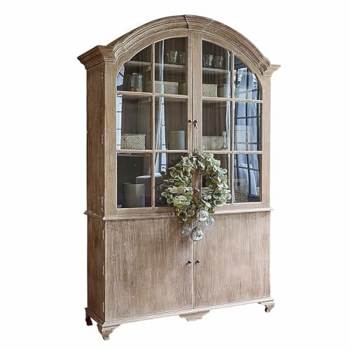Loberon Schrank Périmonde, Stilvoller Landhaus-Charme, Rustikale Eleganz, Aufwendig Gearbeitete Details, Vitrine, Vitrinenschrank, Mangoholz, Glas, antikgrau