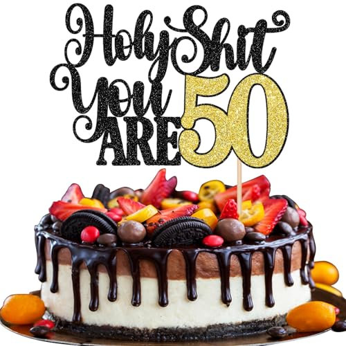 Xsstarmi 1 Pack 50th Birthday Cake Topper Glitter Holy You Are 50 Years Old Cake Pick Decoration for Cheers to 50 Fabulous Fifty Happy 50th Birthday Party Cake Decorations Supplies