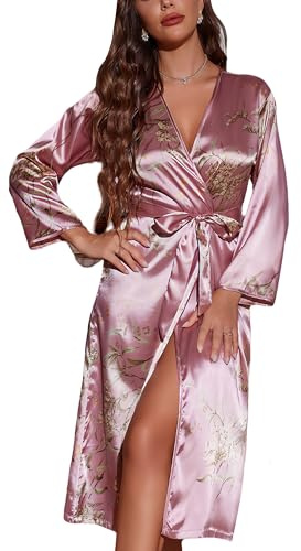 FEOYA Robe de chambre en satin doux pour femme - Robe de nuit longue en soie - Col en V