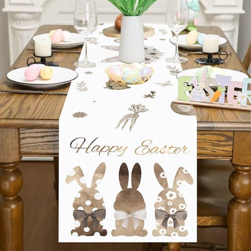 Ostern Tischläufer, Ostereier Kaninchen Karotte Hasen Blumen Ostertischläufer mit Hase Osterei Muster Ostern-Tischläufer Frühling Osterparty Tischdekoration für drinnen und draußen Esstisch,72x14 Zoll