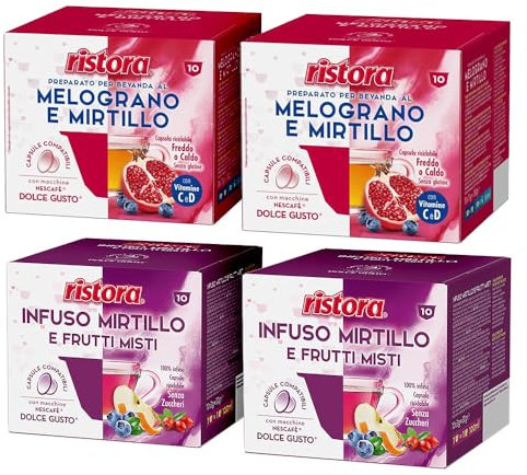 Set 80 Capsule Ristora Compatibili con le Macchine ad uso domestico Nescafè®* Dolce Gusto®* 40 Melograno e mirtillo 40 Infuso mirtilli frutti rossi
