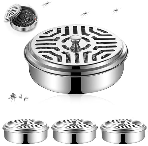 Support de Spirale Anti-Moustique, Support Bobine Moustique, 4pcs Récipient à Spirale de Moustique, Porte Encens en Métal Classique avec Couvercle de Poignée,pour Maison,Jardin,Camping,Pêche,Extérieur