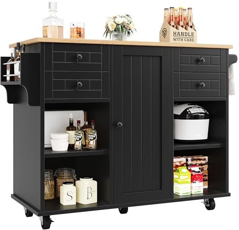 SogesHome Isla de cocina móvil con 5 ruedas, carrito de cocina grande con 4 cajones, estantería, armario para comedor, cocina 127 × 46 × 91,5 cm