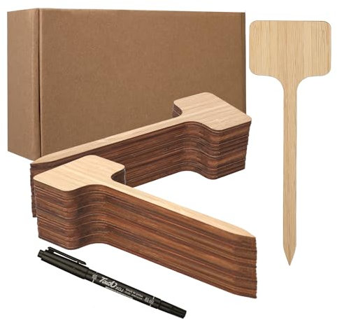 Worown 60 Stück Umweltfreundliche Pflanzenschilder aus Bambus, Extra lange T-förmiges, Langlebiges Pflanzschilder Holz mit Schwarzer Wasserfest Markerstift