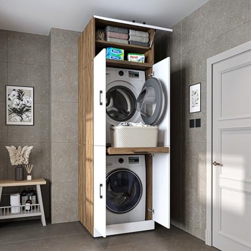 ROOMART Armario para lavadora Dora para secadora y lavadora, en 4 colores, con puertas y tabla extensible (roble blanco y roble – 230 cm de alto)