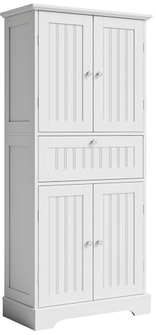 ChooChoo 51 H Tall Bathroom Floor Cabinet, Modern Bathroom Storage Cabinet with Drawer and Adjustable Shelves, Freestanding Kitchen Pantry Cupboard with 4 Doors for Living Room, White