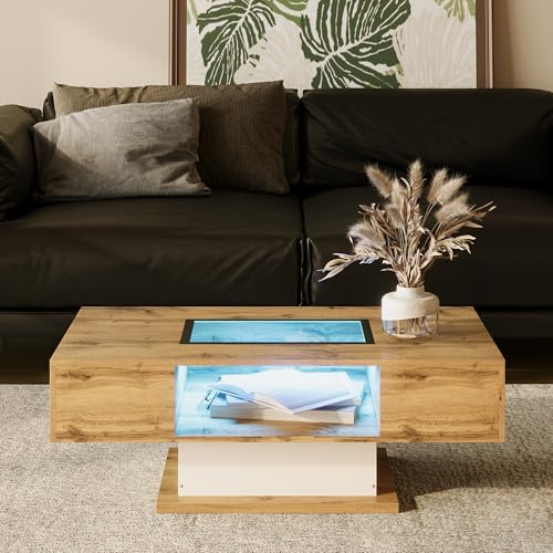 boorbin Couchtisch, Wohnzimmertisch mit farbwechselndem LED-Licht, mit Glas, Beistelltisch mit Zwei Schubladen