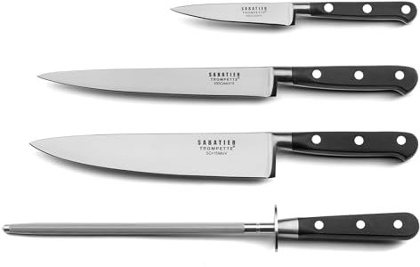 SABATIER TROMPETTE - Ensemble 3 couteaux de cuisine et 1 fusil à aiguiser - Origin - Acier 5Cr15MoV - Finition Satinée - Noir
