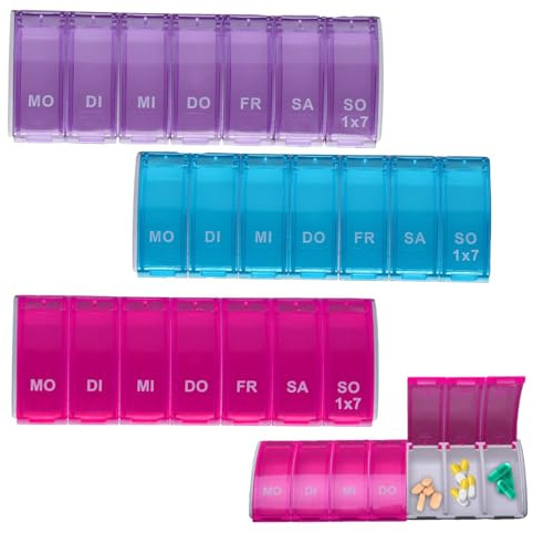 Pilulier Semainier Français 7 Jours, 3pcs Pilulier 7 Jours Semainier Medicament Boite Medicaments Rangement Grande Capacité 7 Compartiments Sans BPA Boîte à Pilules Facile à Ouvrir (Bleu Violet Rouge)
