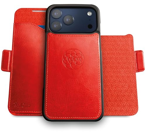 Dreem Vegan Leder Handyhülle für iPhone 17 Pro Max, Magnetisch & Abnehmbar | Neuartig vert/horiz Handyhalter, RFID-blockierende Kartenhülle, Kompatibel mit MagSafe, Geschenkbox [Fibonacci: Rot]