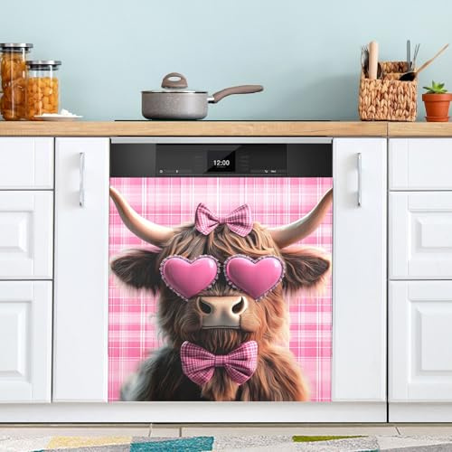 Reiacy Dishwasher Panel, Pink Bows Highland Cow Dishwasher Magnetic Cover for Door Front, Kitchen Art Decor, Refrigerator Magnet Decal 23' W x 26' H