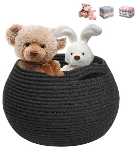 Klein Aufbewahrungskorb Rund,Korb Mit Henkel Handgefertigte Baumwolle,Wäschekorb Kinderzimmer,Geflochtener Korb Für Handtuch,Kinderwäschekorb,Schlafzimmer,Wohnzimmer,Spielzeug für Haustiere(Schwarz)