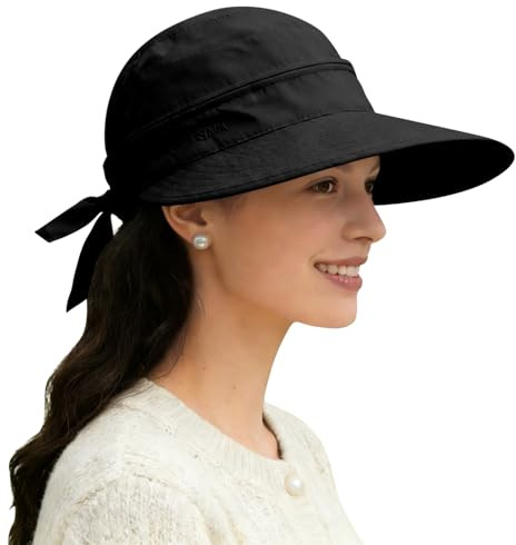 ADUDVLO Sun Hats for Women UK, Stylish UPF 50+ 2-in-1 Detachable Top & Adjustable Visor, Foldable Packable Wide Brim Beach Hat for Travel & Outdoor (Black)