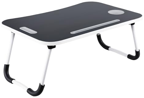 Holdfiturn Laptop Bed Table Lap Standing Desk For Bed and Sofa Breakfast Bed Tray Portable Lap Table Folding Laptop Tray With Handle Cup Holder Notebook Stand for Reading (Black with White Edge)