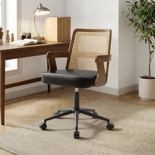 Drehbarer Schreibtischstuhl mit Rattan Rückenlehne & Massivholz Armlehnen, höhenverstellbar 49–59 cm, 150 kg belastbar, bequemer Bürosessel für Homeoffice, Schminktisch & Esszimmer, Skandinavisch