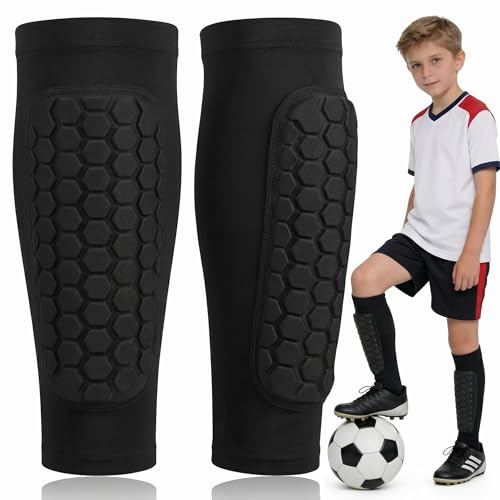 Schienbeinschoner Kinder Fußball, Atmungsaktive Schienbeinschützer mit Wabenstruktur & Rutschfestem Silikon, Elastische Beinschützer Leicht & Schnelltrocknend für Jungen und Mädchen, Schwarz