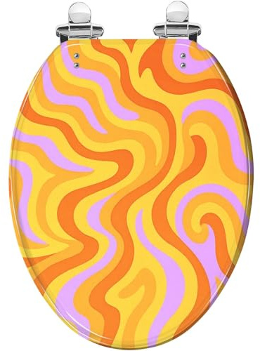 Länglicher WC-Sitz mit sanftem Absenkmechanismus, psychedelisches Swirl-Design im Stil der 60er und 70er Jahre, nahtlos, mit Schnellverschluss-Scharnieren und -Puffer, leicht zu reinigen und