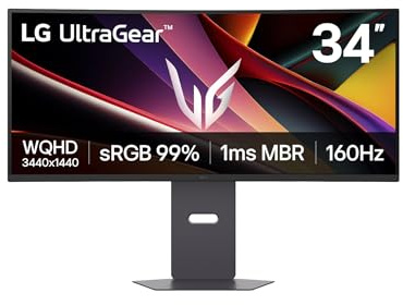 LG UltraGear 34G60ZA Monitor Gaming 34 VA WQHD (3440 x 1440), 160Hz, 1ms (MBR), 21:9 curvo, FreeSync, HDR 10, HDMI 2.0, DP, Stand regolabile, Nero