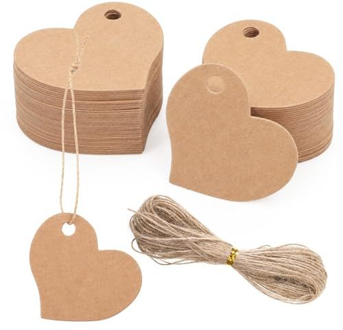 Dplolng 100 Stück Herz Kraftpapier Anhänger, Geschenkanhänger Kraftpapier Anhänger mit 20m Schnur Herz Hochzeit Papieranhänger für Party Geburtstag Valentinstag Christmas(Kraftbraun)