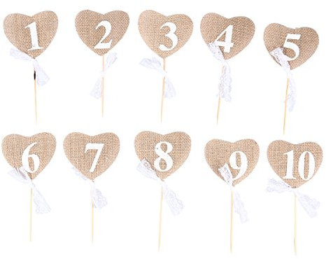 ULTNICE Tischnummern Hochzeit Vintage,Hochzeit Tischnummern 1-10 Herz Form Banner Dekor mit Stick