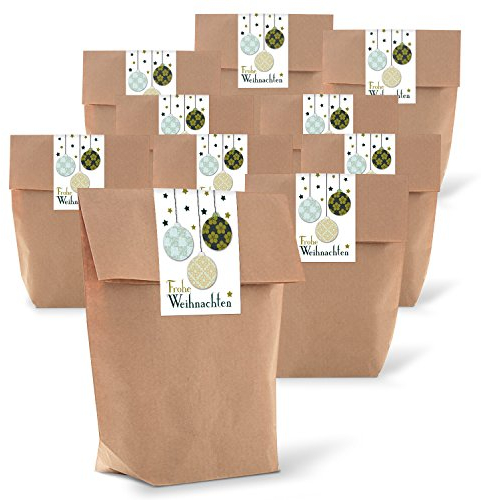 Logbuch-Verlag 50 braune Kreuzbodenbeutel 14 x 22 x 5,6 cm mit Sticker FROHE WEIHNACHTEN Weihnachtskugeln - Verpackung weihnachtlich