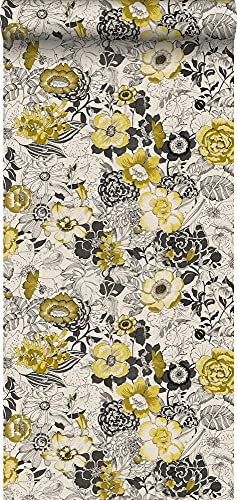 papier peint fleurs jaune ocre et beige 53 cm x 10.05 m - ESTAhome