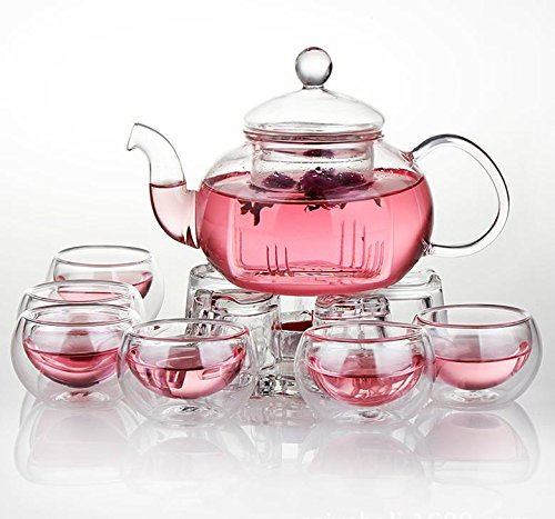 Jusalpha Juego de 11 tetera de cristal filtrante con calentador y 6 tazas de té (versión 2, 27 onzas)