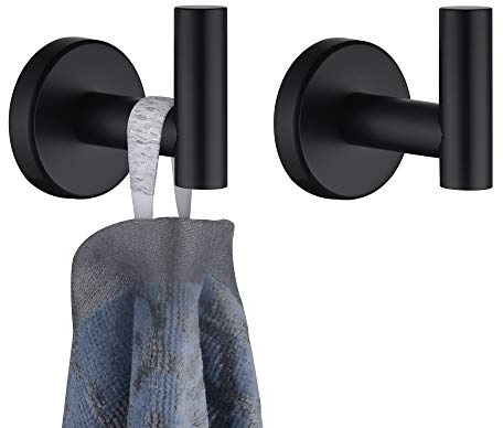 JQK Bath Towel Hook, SUS 304 Stainless Steel Coat Robe Clothes Hook for Bathroom Kitchen Garage Wall Mounted(Pack of 2), Polished Black, TH100-PB-P2