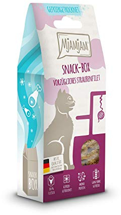 MjAMjAM - Premium Snacks für Katzen - Snackbox - Vorzügliches Straußenfilet, 1er Pack (1 x 40 g), Natur ohne synthetische Konservierungsstoffe