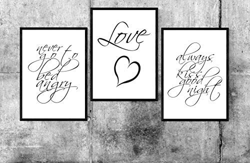 Premium Poster Wandbild Never go to Bed Angry 3 TLG. Kunstdruck Bilderset Deko Schlafzimmer Drucke jeweils DIN A4 Geschenkidee