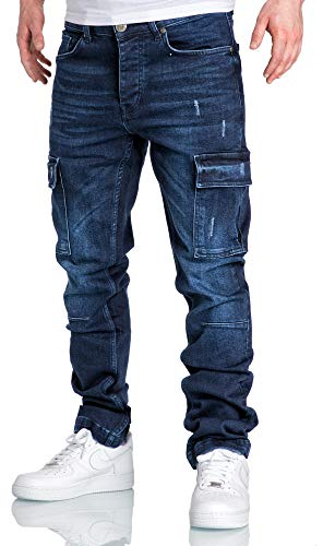 Amaci&Sons Herren Cargo Jeans Regular Slim Denim Hose Destroyed 7985 Dunkelblau W34/L34