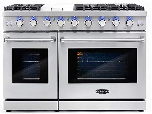 COSMO COS-EPGR486G 48 in. Haven Collection 7 cu. ft. Double Oven Gas Range, 6 Burners, Griddle, Convection, Knob LEDs, Stainless Steel