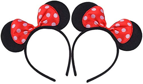 2 Pieces of Mouse Ears on Alice Band with Red and White Polkadot Spotted Bow for Adults/Children Fancy Dress Costume Head Band Accessory Party Decoration Gift - Pack of 2 (RED POLKADOT)