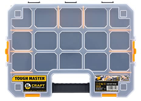 Stackable Storage Organiser 17 Inch With Transparent Lid 15 Adjustable Compartments Lightweight Portable Toolbox For Screws Nuts Tools Small Parts TOUGH MASTER