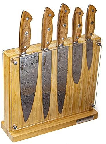 Eagle U-Grip - 5-er Messer-Set mit Bambus Messerblock - Voll-Damaststahl 108 Lagen/Heftschalen: Olivenholz aus Süditalien