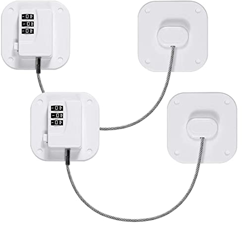 Hyesrtey 2Pcs Serrure Frigo pour Enfants,Bloque Verrou Porte Réfrigérateur Cabinet Fenêtre avec Code, Serrure Forte Adhésive Câble de Restriction Porte pour réfrigérateur, portes et tiroirs,fenêtres