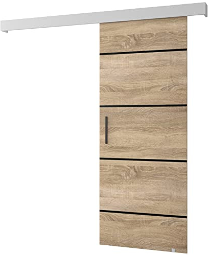 MEBLE KRYSPOL Schiebetürsystem Salwador 4 Komplett-Set für Schiebetüren, Trennwände Innentüren, Modern Design (Sonoma Eiche/Gitter: weiß matt/Griff und Streife: schwarz) | 90 cm x 204 cm