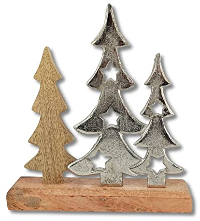 Mango-Holz und Metall Figur Bäume mit Sternen braun Silber 23 x 25cm Dekofigur Wald-Deko Tisch Dekoration
