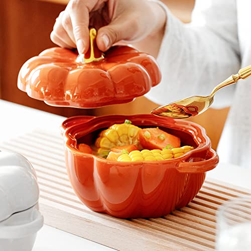 Cutfouwe Pumpkin Soup Bowl With Lid and Handles 16 Oz Ceramic Soup Bowls for Soup, Cereal and Stew, Ceramic Serving Bowl for Individual Soup Consumption,Orange