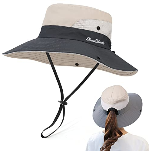 TAGVO Damen Faltbarer Sonnenhut, Sonnenschutzhut Sommerhut UPF 50 + mit Nackenschnur Breite Krempe UV-Schutz Angeln Hut Mesh, Pferdeschwanz Bucket Cap für Damen Herren Strand Wandern