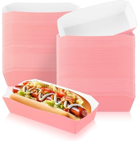 Yeaqee Hot Dog Tablett, 100 Stück 17,8 cm Einweg-Pappteller, wasserdicht & fettbeständig, Karton, Rosa, für Partys, Karneval, Abendessen, Kochen