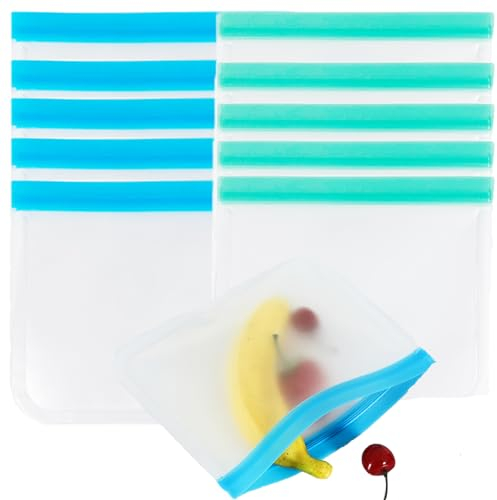 Forlush 10 pcs Sacs de Nourriture Réutilisables, Sac Congelation Zip, Sacs de Ziplock Réutilisables, pour la Conservation Des Fruits, Des LéGumes, de la Viande Etc (Vert, Bleu)