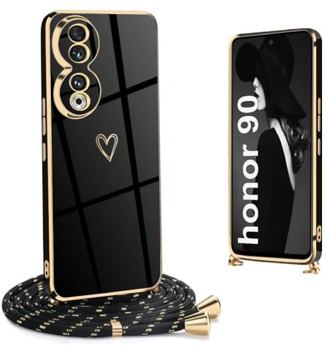 Ptny Coque avec Cordon Compatible avec Honor 90, Galvanoplastie Motif cœur d'amour Housse Antichoc TPU Silicone, Réglable Etui avec Lanière pour Honor 90, Noir