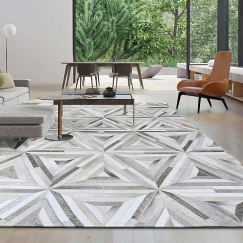 Leather Area Rug, Geometric Diamond Optical Illusion Leather Rug Cowhide Carpet for Living Room, Bedroom & Office, Non-Slip Floor Mat, Neutral Gray & White Modern Area Rug, Size: 9.9X14 ft