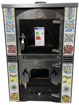Stufa a Legna Termo ventilata con Forno - Esmeralda Maioliche di Caltagirone - Potenza Riscaldamento 25 Kw, Stufa A Legna Economica in Acciaio Verniciato Antracite, Forno in Mattoni Refrattari