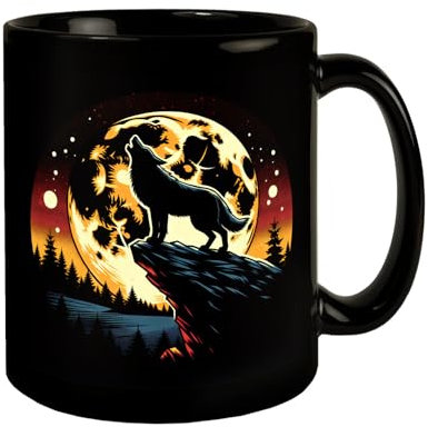 Heulender Wolf in der Nacht Tasse schwarz in Schwarz Silhouette auf Felsen Heulender Wolf Vollmond Sternenhimmel Wildtier Natur Motiv
