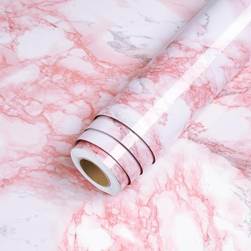 LACHEERY 15.8inx46ft Pink and White Marble Contact Paper Peel and Stick Countertop Contact Paper Waterproof Marble Wallpaper Peel and Stick for Bathroom Kitchen Countertops Cabinets Modern Wall Paper
