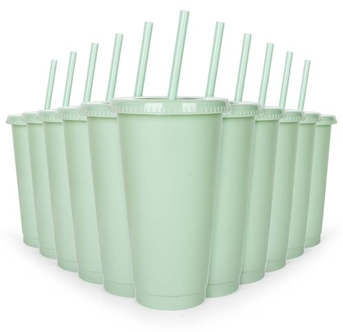 Whaline 12Pcs Sage Green Plastic Cups with Flat Lids Straw Reusable Large Tumbler Travel Mug Cups Party Drinkware Decor for Iced Coffee Beverage Drinks Party Supplies, 24 Oz